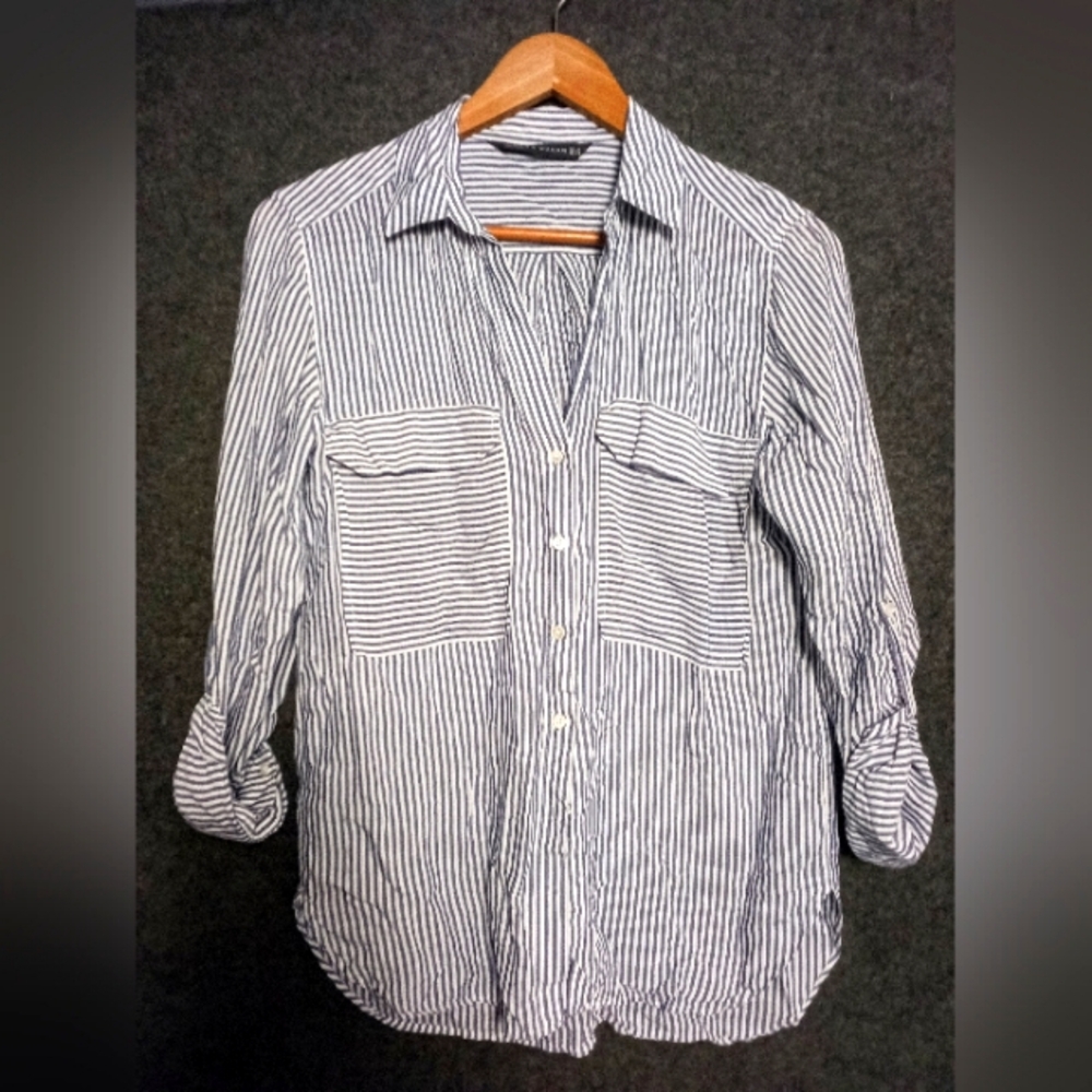 Zara Blue and White Striped Casual Button Down Shirt